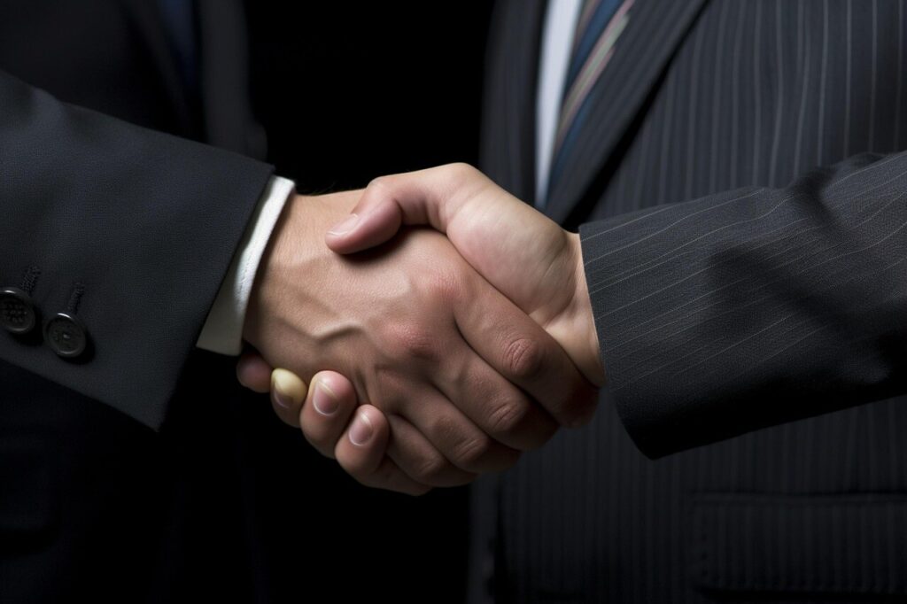 Two hands shake in a formal context