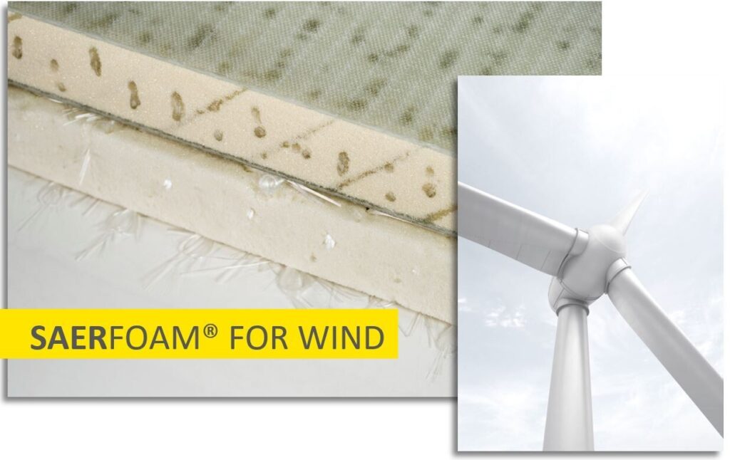 Werbegrafik mit der Aufschrift „SAERFOAM® FOR WIND“ und einer Windturbine.