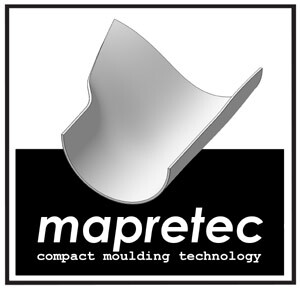 Schwarz-weißes Firmenlogo mit dem Schriftzug „mapretec“ und dem Zusatz „compact moulding technology“