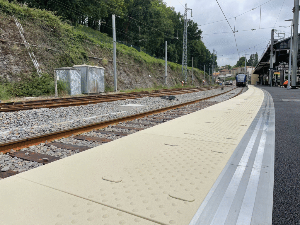Blick auf einen Bahnsteig mit Gleisen, einem Zug in der Ferne und einer begrünten Böschung am Bahnhof.