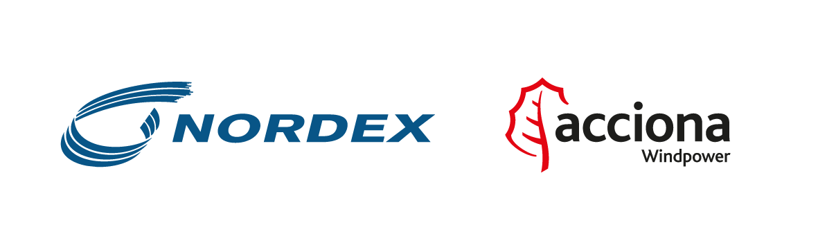 Zwei Unternehmenslogos auf dunklem Hintergrund: Nordex links und Acciona Windpower rechts.