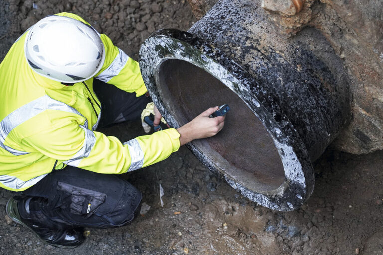 A worker in a yellow safety suit inspects a pipe.