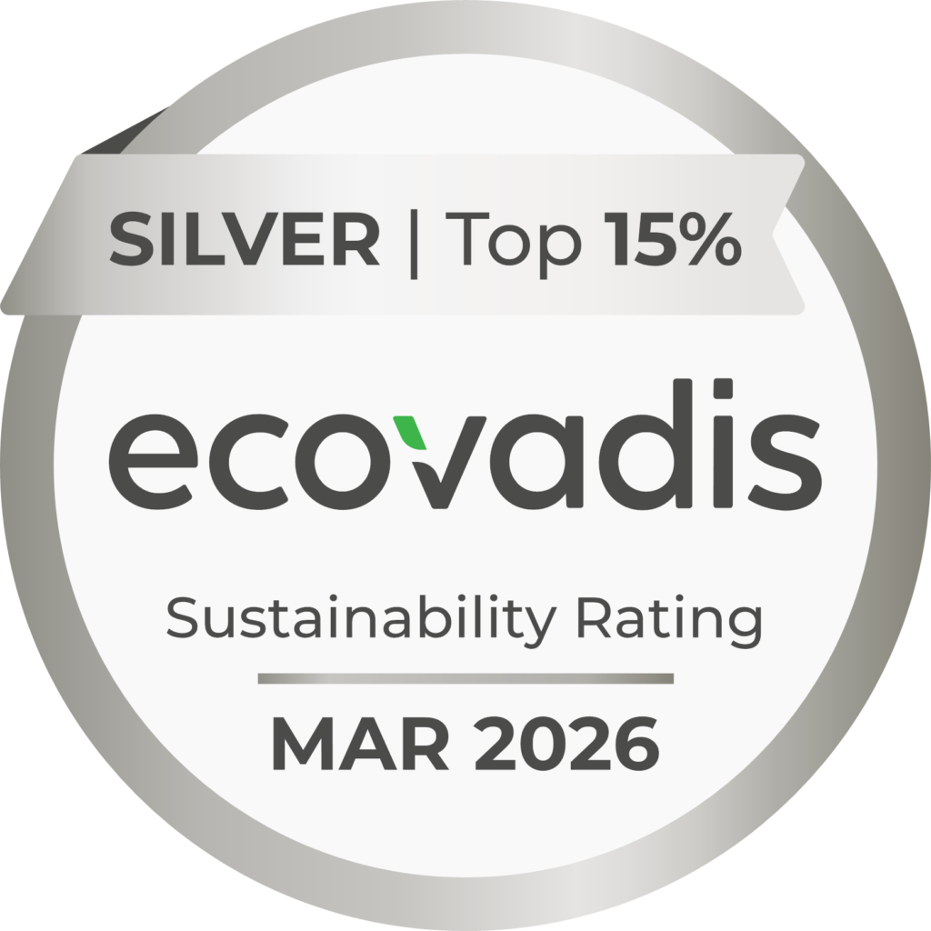 EcoVadis Sustainability Rating badge with the designation „SILVER | Top 15%“ and the date „MAR 2026.“.