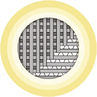 Grafik mit geometrischem Design in schwarz-weiß und einem gelben Rand