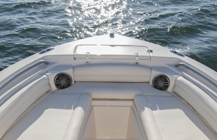 Boat deck with seating and loudspeakers