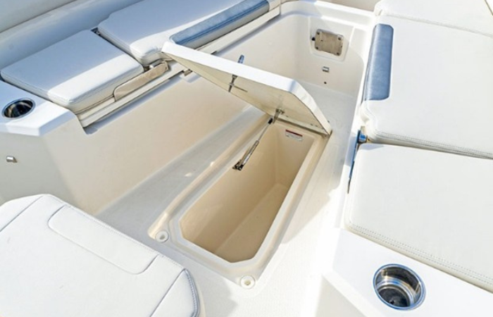 A view of the inside of a boat with an open deck